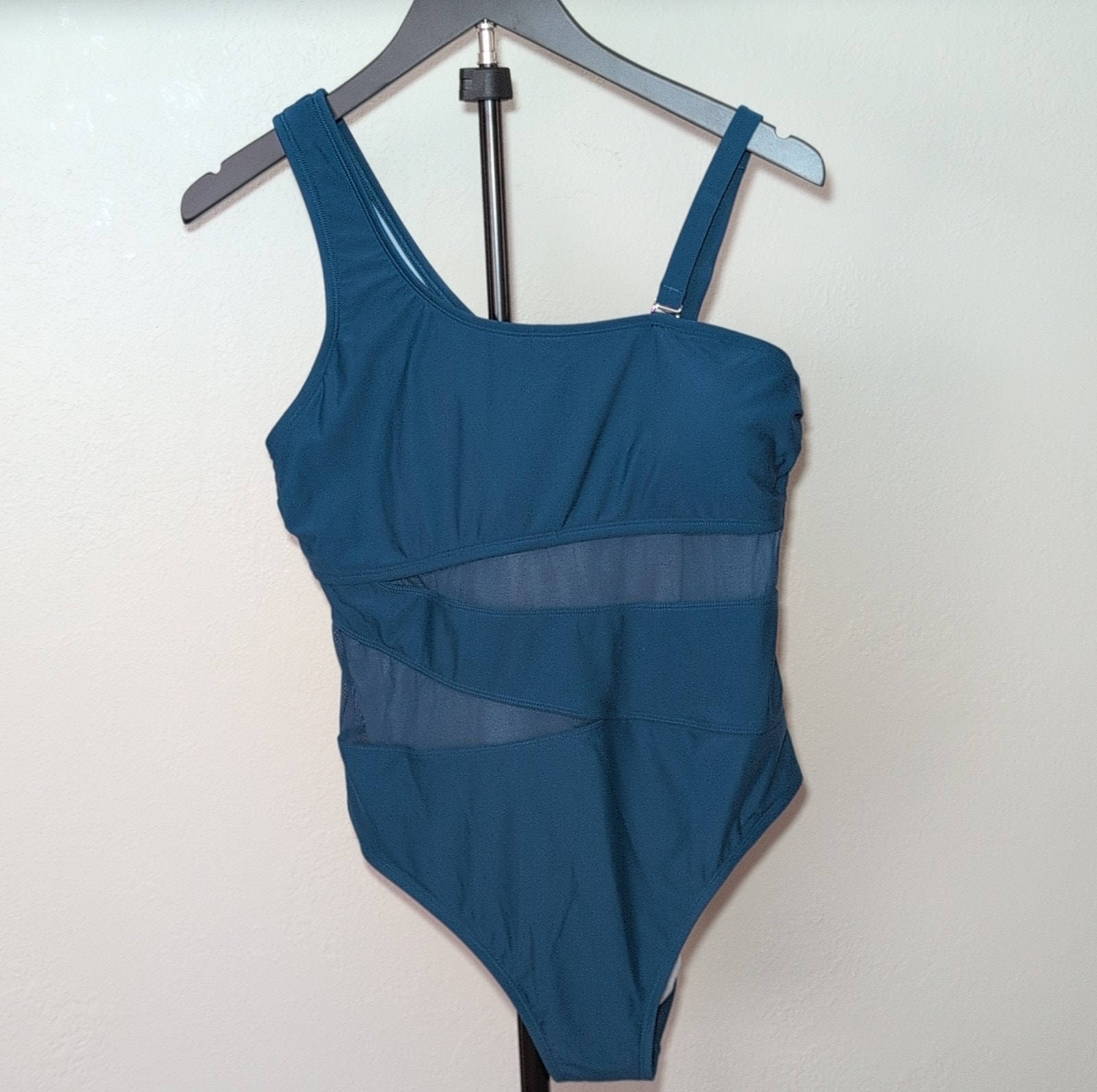 Teal Sheer Accent One Piece Swimsuit Unique Straps Women's Tummy Control Panel